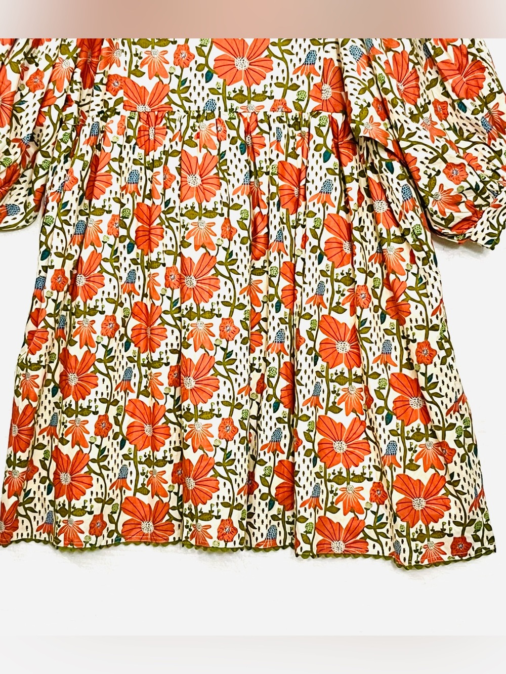 Gigio Babydoll Dress Coral Cream Floral Puffy Balloon Sleeve Pockets S Made/USA - Picture 3 of 16